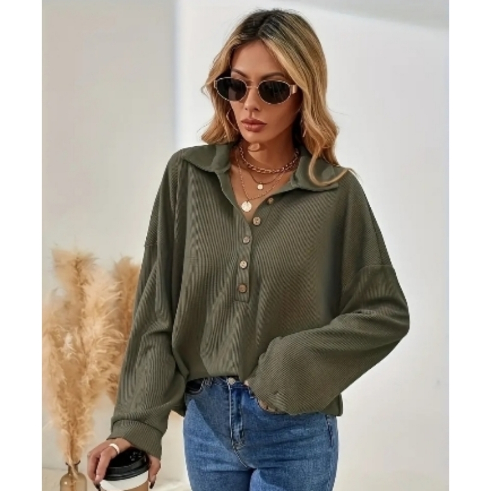 Ribbed Button Front Blouse
